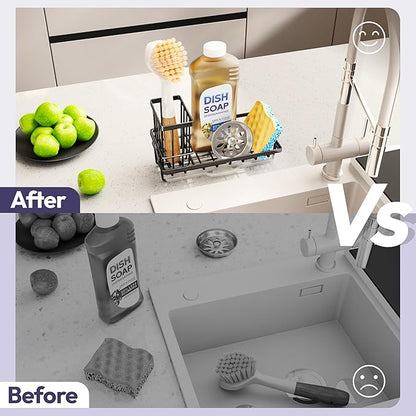 SWTYMIKI Sink Caddy Sponge Holder - Kitchen Sink Organizer with High Brush Holder for Countertop to Hold Dish Soaps and Sponges, Stainless Steel, Black - Image 5