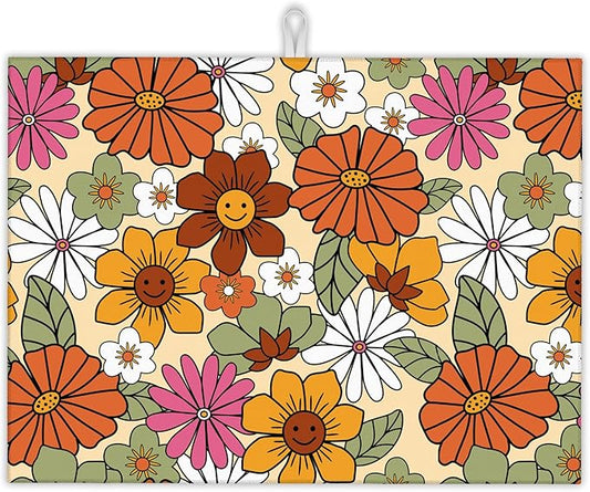 Retro 70s Groovy Flowers Dish Drying Mats 18x24 Inch,Daisy Boho Dish Pad Drying Rack Mat for Kitchen Counter Ultra Absorbent Microfiber Dishware Coffee Maker Bar Countertop Decor
