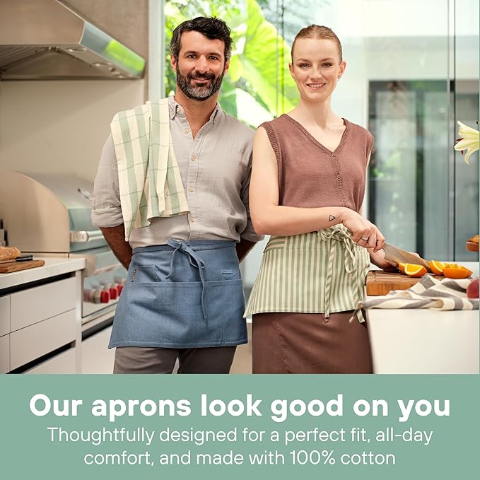 MEEMA Chef Waist Apron Cotton Fabric |Washable & Breathable Waitress & Server Half Aprons for Women with Pockets & Long Waist Straps | Cooking, Baking, Grilling & Crafting