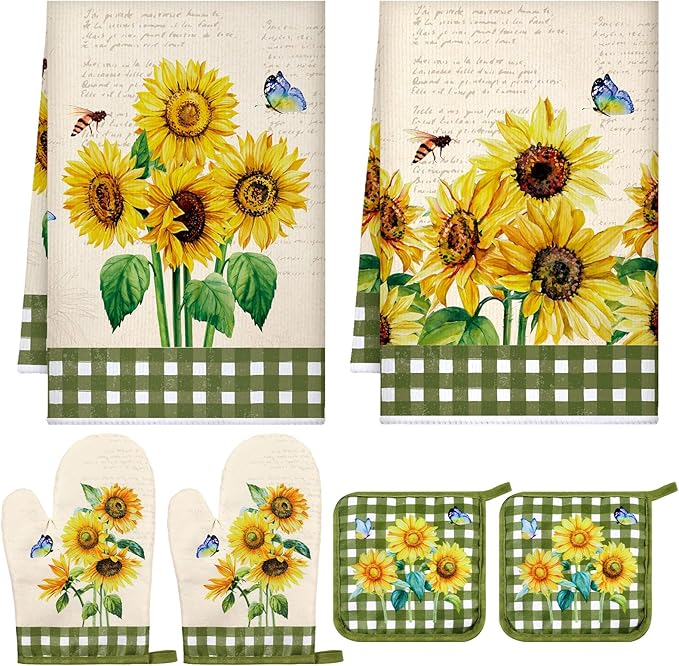 Leinuosen 6 Novelty Sunflower Kitchen Towels Kitchen Decor and Accessories Set Floral Plant Oven Mitts and Pot Holders Sets Farmhouse Absorbent Dish Towels for Cooking Baking Grilling by Leinuosen