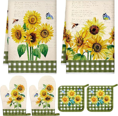 Leinuosen 6 Novelty Sunflower Kitchen Towels Kitchen Decor and Accessories Set Floral Plant Oven Mitts and Pot Holders Sets Farmhouse Absorbent Dish Towels for Cooking Baking Grilling by Leinuosen