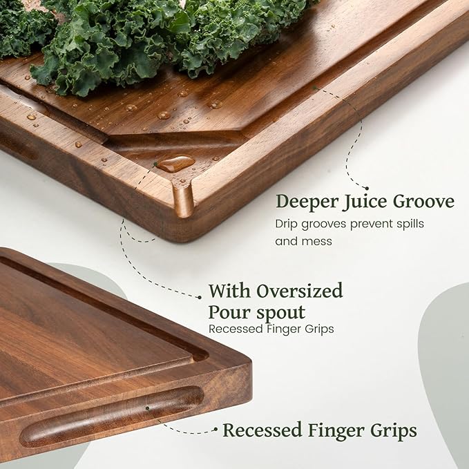 Kikcoin Acacia Wood Cutting Boards for Kitchen, Wooden Cutting Board, Chopping Board with Built-In Compartments and Juice Groove, Solid Charcuterie Board Serving Tray Wood Butcher Block, 17" x 11.8" - Image 3