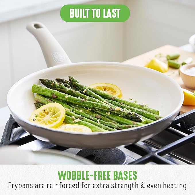 GreenLife 16 Piece Nonstick Cookware Set, Soft Grip Non-Toxic PFAS-Free Ceramic Pots & Pans, Dishwasher & Oven Safe, Frying, Sauce, Saute, Utensils, Glass Lids, Stay-Cool Handles, Wobble Free, Taupe - Image 6