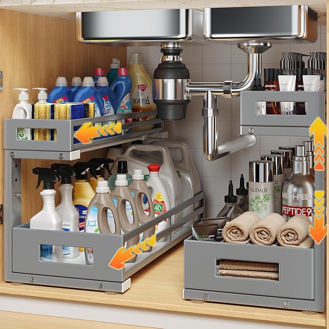 2-Pack 19"Deep Under Sink Organizer And Storage, 2-Tier L-Shaped Pull Out Cabinet Organizer with Upgraded Slide Rails, Height Adjustable Drawers for Kitchen&Bathroom, Extra-Large Storage Shelves–Gray by UnderSinkOrganizer