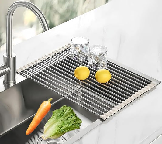 Roll Up Dish Drying Rack, 17.7" x 11.8" Over The Sink Dish Drying Rack, Kitchen Dish Rack Foldable Dish Drainer, Stainless Steel Dish Drying Rack for Kitchen Sink Counter Storage (Grey)
