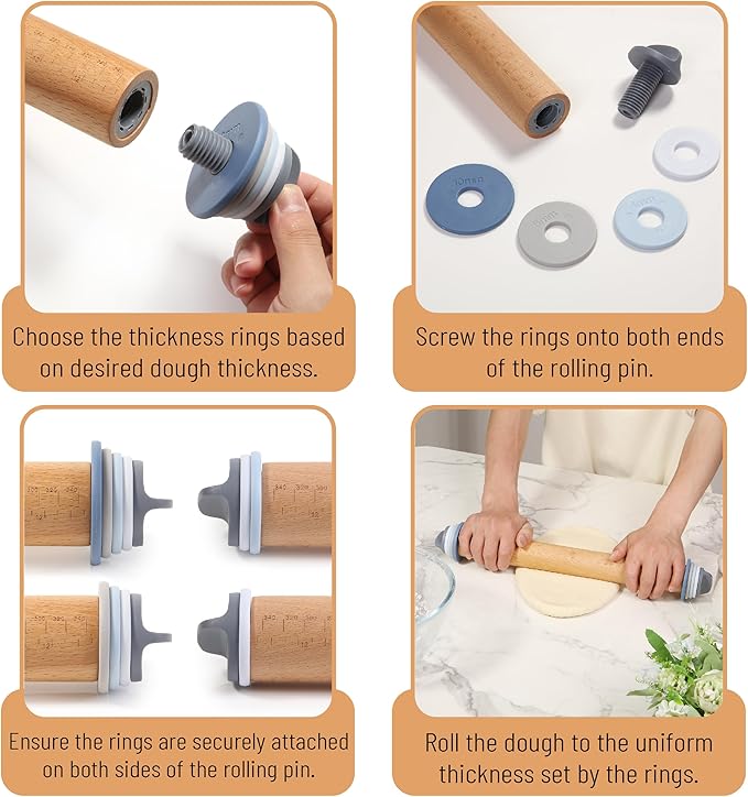 BAMBOO LAND- Adjustable Rolling Pin with Thickness Rings for Baking, 13.8", 4 Pastel Colored Thickness Rings (2-10 mm or 1/16"-3/8"), Wood Rolling Pins for Baking, Bread, Pizza Doughs - Image 4
