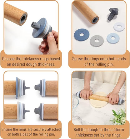 BAMBOO LAND- Adjustable Rolling Pin with Thickness Rings for Baking, 13.8", 4 Pastel Colored Thickness Rings (2-10 mm or 1/16"-3/8"), Wood Rolling Pins for Baking, Bread, Pizza Doughs - Image 4