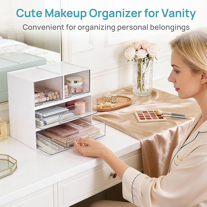 Vtopmart 2 Pack Clear Stackable Storage Drawers,12.1''W Plastic Organizers Bins for Beauty Supplies, Ideal for Vanity, Bathroom, Cabinet, Room Organization, White - Image 4