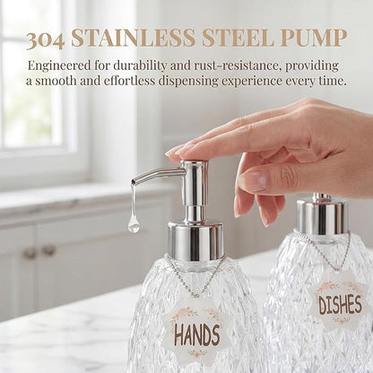 MALACHI Soap Dispenser Set, Crystal-Textured Diamond Glass with Rustproof Stainless Steel Pump, Dual-Labelled Hand & Dish Soap Dispenser for Kitchen & Bathroom