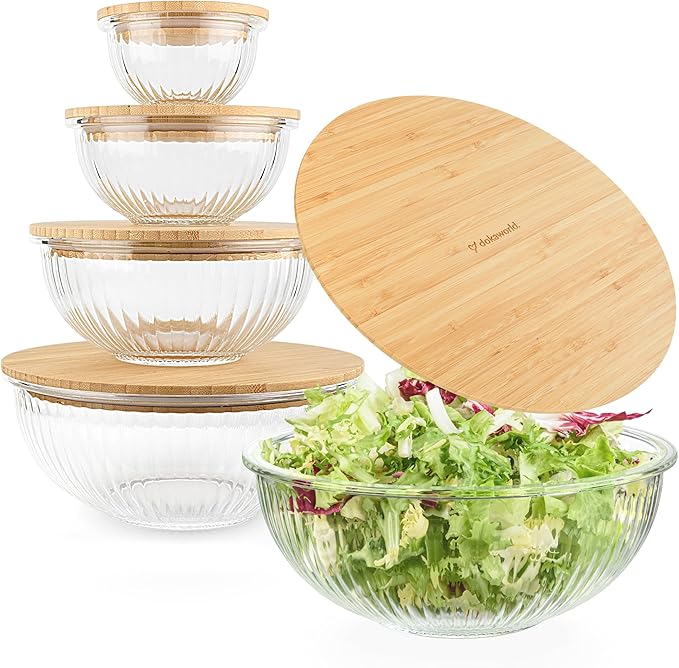 Stackable Space-Saving Set of 5 Nesting Glass Bowls with Bamboo Lids for Foodprep, Storage, Baking, Mixing & Cooking, Microwave & Oven Safe BPA Free Heat Resistant Inert Borosilicate Glass - Image 9
