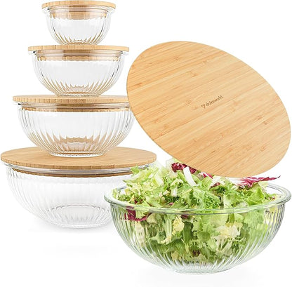 Stackable Space-Saving Set of 5 Nesting Glass Bowls with Bamboo Lids for Foodprep, Storage, Baking, Mixing & Cooking, Microwave & Oven Safe BPA Free Heat Resistant Inert Borosilicate Glass - Image 9