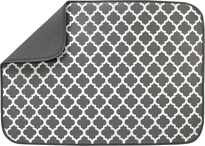 S&T INC. Dish Drying Mat XL, 18” x 24”, Absorbent Microfiber Kitchen Counter Mat, Dish Drying Pad for Dishes, Utensils, Pots and Pans, Extra Large, Pewter Grey Trellis by STINC