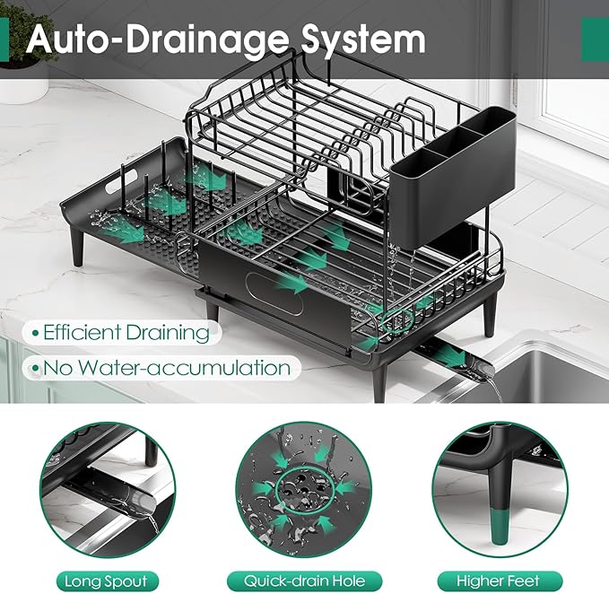 Urackify Dish Drying Rack for Kitchen Counter, Expandable 2 Tier Dish Rack, Large Capacity Dish Drainer with Drainboard Multifunctional Dish Strainer with Removable Cutlery Holder Black - Image 5