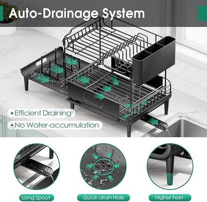 Urackify Dish Drying Rack for Kitchen Counter, Expandable 2 Tier Dish Rack, Large Capacity Dish Drainer with Drainboard Multifunctional Dish Strainer with Removable Cutlery Holder Black - Image 5