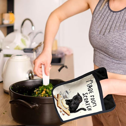 Black Cat Baking Pot Holders with Pockets, Made from Scratch Funny Black Cat Oven Pot Holders Heat Resistant Oven Mitts Hot Pads for Kitchen Baking Cooking