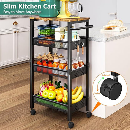 Vivihomety Utility Slim Storage Cart with Wheels, 4-Tier Narrow Rolling Organizer Shelf with Wood Top, Metal Storage Rack and Space-Saving Organizer for Bathroom, Kitchen, Laundry Room, Small Spaces - Image 7