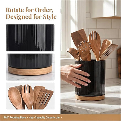 QUELIEN Utensil Holder, 360° Rotating Ceramic Kitchen Utensil Holder for Countertop, 7.7" Utensil Crock for Kitchen Counter with Rotatable Wooden Base,Ideal Housewarming Gift & Mothers Day Gift