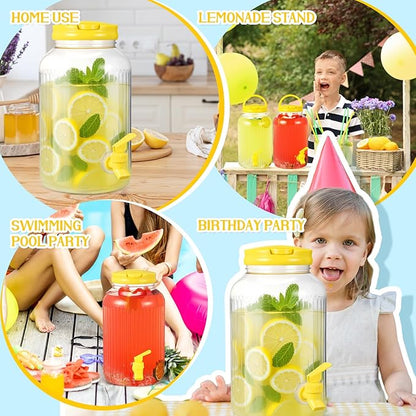 SiliFine 2 Pieces 1 Gallon Plastic Beverage Dispenser with Spigot Striped Clear Large Drink Beverage Dispenser Summer Fridge Water Container with Tap for Party Iced Tea, Sangria, Lemonade(Yellow)