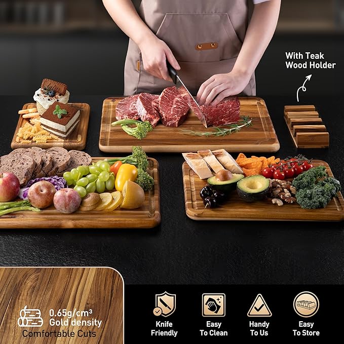 4 Pack Teak Wood Cutting Board Set for Kitchen Heavy Duty Non Toxic Non Slip Solid Thick Wood Haus Chopping Board Extra Large Big Small Meat Best Essential House Warming Hostess Host Gift - Image 5