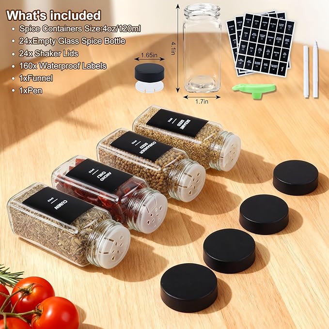 36Pcs Spice Jars Containers with Labels，4oz Black Seasoning Bottles with Shaker Lids for Rack, Cabinet, Drawer,Empty Square Condiment Pots (36, Black) - Image 5