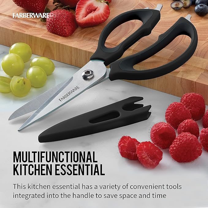 Farberware 4-in-1 Kitchen Scissors with Black Handle, High-Carbon Stainless Steel Shears with Bottle Opener, Jar Opener and Screwdriver, Kitchen Shears for Food Prep