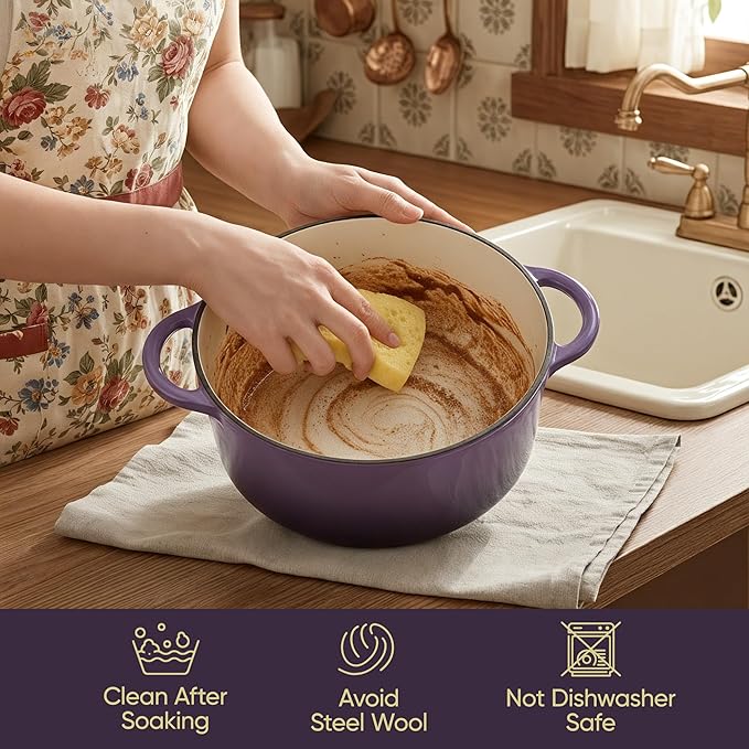 Vintage Style 4.5 Quart Dutch Oven Pot with Lid, Non Stick Enameled Cast Iron Dutch Oven for Bread Baking, Heavy-Duty, Oven Safe Ceramic Cookware Up to 500°F for Baking, Braising, Stews, Roasting, Purple - Image 6