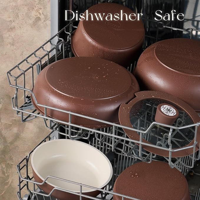 CAROTE 19Pcs Ceramic Cookware Set, Pots and Pans Set Non stick, Non Toxic Cookware Detachable Handle, Kitchen Cooking Set - Induction Cookware, Dishwasher/Oven Safe, PFAS Free, Chocolate - Image 6