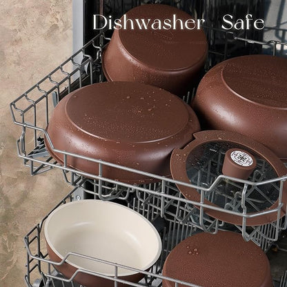 CAROTE 19Pcs Ceramic Cookware Set, Pots and Pans Set Non stick, Non Toxic Cookware Detachable Handle, Kitchen Cooking Set - Induction Cookware, Dishwasher/Oven Safe, PFAS Free, Chocolate - Image 6