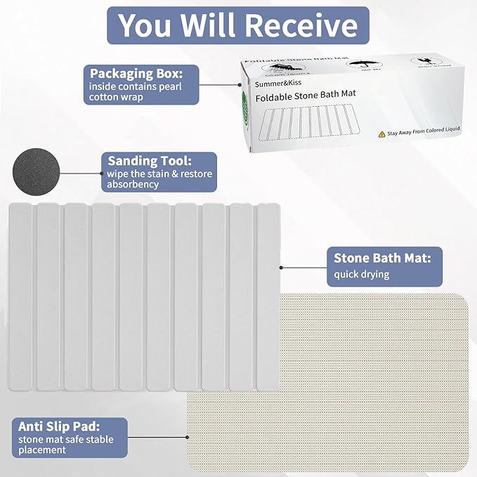 Foldable Stone Bath Mat, Quick Dry Stone Drying Mats for Bathroom, Super Absorbent Bath Mat, Non Slip, Large Diatomaceous Earth Dish Drying Mats for Kitchen Counter 23.5 x 15.4in, White - Image 4