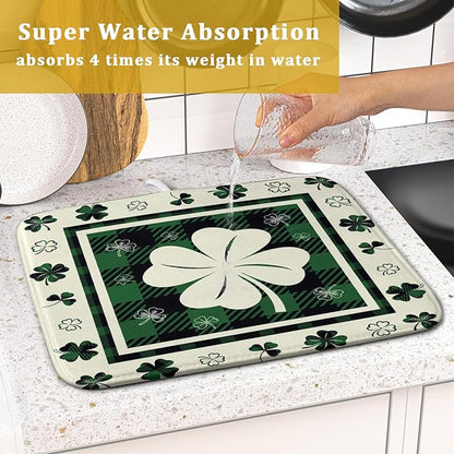 Giwawa Patrick Clovers Dish Drying Mat 16"x18" Lucky Shamrock Spring Leaf Dish Drainer Mats Green Black Buffalo Plaids Absorbent Microfiber Dish Drying Pad for Kitchen Countertop Small Decor