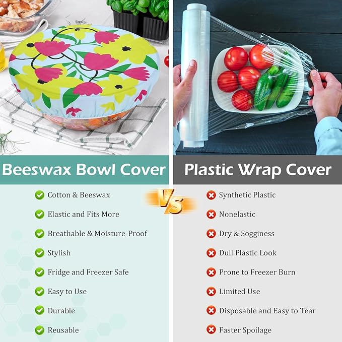 2 Large Reusable Beeswax Bowl Covers for Bread Proofing, 10/12 Inch Elastic Beeswax Wraps Cotton Cloth Sourdough Bowl Covers for Proofing Baskets, Mixer Bowls, Food Storage Containers