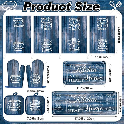Fourluoo 10 Pcs Farmhouse Kitchen Decor and Accessories Set 4 Kitchen Towels 2 Pot Holders 2 Oven Mitts 2 Rugs for Cooking Baking Mom Housewarming Gifts(Blue,Classic Style) - Image 3