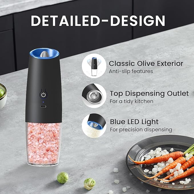 Rechargeable Salt And Pepper Grinder Set with LED Light, Automatic Electric Gravity Salt And Pepper Shakers Set, No Battery Needed, Adjustable Roughness, 2 Pack (Black) - Image 5