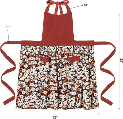 Cute Floral Aprons for Women with Pockets,Cotton Adjustable Neck Strap Apron for Kitchen Cooking Baking Gardening