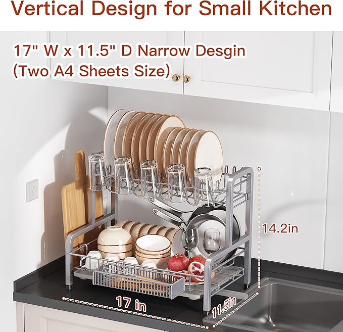 2 Tier Dish Drainer Drying Rack for Kitchen Counter, Large Stainless Steel Dishes Dryer with Drainboard, Space Saving, Big Rustproof Metal Modern Countertop Plates Strainer with Utensil Holder, Sliver - Image 6