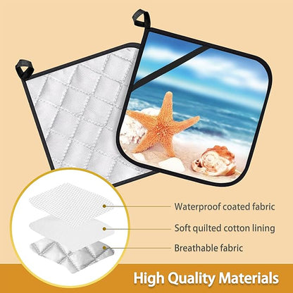 Beach Starfish Shells Pot Holder Set of 2,Heat Resistant Potholders Oven Hot Pads for Kitchen Cooking Baking BBQ