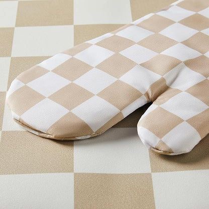 Ohocut Beige Checkered Oven Mitts Heat Resistant, Vintage Retro Checkerboard Cute Oven Mitts, Non-Slip Silicone Kitchen Oven Gloves 1 Pair 7''x13''