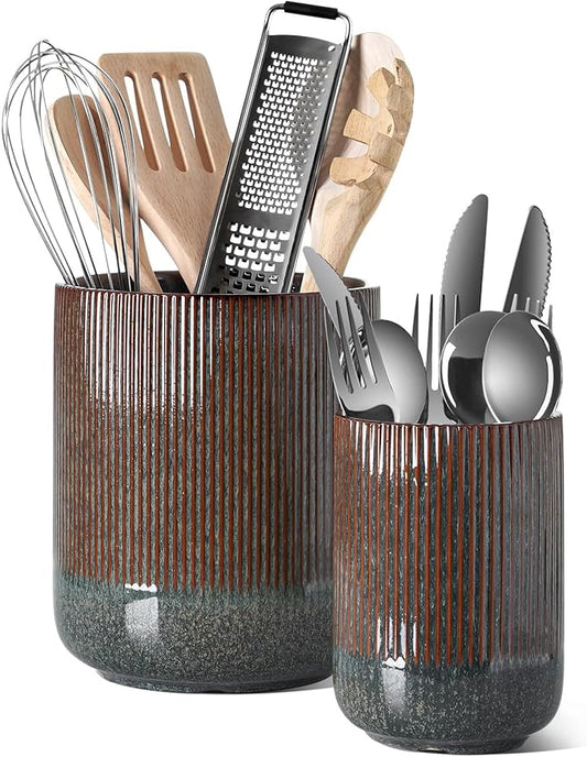 LE TAUCI Utensil Holder for Kitchen Counter, 7.3"+5.4" Fluted Ceramic Utensil Crock Organizer for Countertop, Heavy Large Holder for Spatulas, Spoons, Set of 2, Olive Brown Marble by LETAUCI