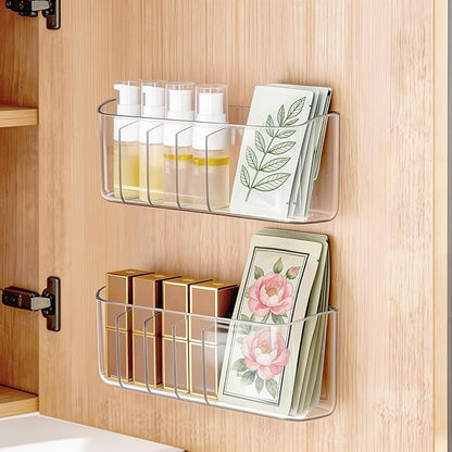 PAVSTINE 2 Pack Adhesive Medicine Cabinet Organizer, Clear Wall Mounted Makeup Storage Shelves for Bathroom Vanity, No Drilling Narrow Organizers for Door Cabinet, 5 Compartment