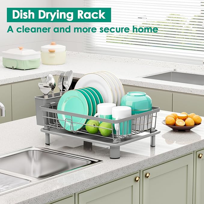 GAOKASE Dish Drying Rack, Stainless Steel-Dish Rack, Dish Racks for Kitchen Counter, Kitchen Dish Drainers with Removable Utensil Holder,New Drain Outlet,Plate Rack and Drainboard,(gray-11 W x 15" L) - Image 6