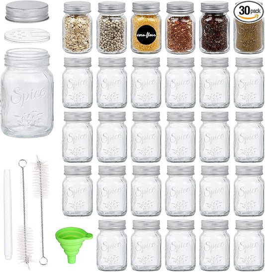 30 Pack 4oz Glass Mason Spice Jars Bottles, Empty Round Containers with Silver Airtight Metal Caps and Pour/Sift Shaker Lid
