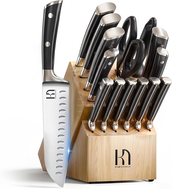 KnifeSaga Knife Set with Block, Japanese 15 PCS Ultra Sharp Ktichen Knives Set, High Carbon Stainless Steel Knife Block Set with Sharpener, Professional Knives with Ergonomic Handle for Home Chefs by PushBoundariesforSharpness