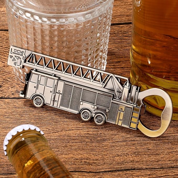 Fire Truck Bottle Opener – Firefighter Gifts for Men, Dad, Grandpa – Silver Fire Truckt-Shaped Bar Accessory with Gift Bag – Perfect for Birthday Fathers Day Christmas BBQ Camping