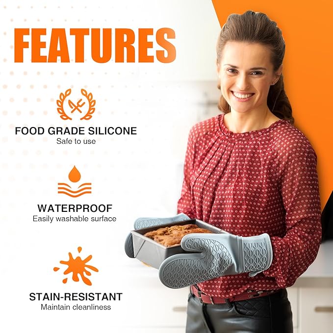 Silicone Oven Mitts, Heat Resistant 2PCS Oven Mitts with Soft Cotton Lining, Waterproof Non-Slip Grip Oven Glove, Kitchen Potholder Mits for BBQ, Baking, Cooking, 12.5 Inch - Grey - Image 4