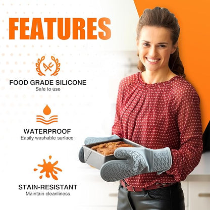 Silicone Oven Mitts, Heat Resistant 2PCS Oven Mitts with Soft Cotton Lining, Waterproof Non-Slip Grip Oven Glove, Kitchen Potholder Mits for BBQ, Baking, Cooking, 12.5 Inch - Grey - Image 4
