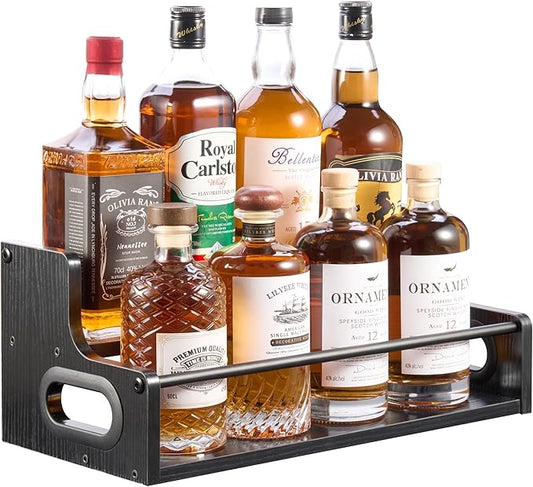 YQBRAO 2-Tier Liquor Bottle Display Shelf, Coffee Syrup Rack Organizer, Water Bottle Organizer, Mini Bar Cabinet, Rustic Bar Shelves for Liquor Whiskey, Spirits（Black）