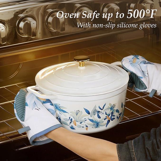 CAROTE 7QT Cast Iron Dutch Oven Pot with Lid, Enameled Floral Dutch Ovens with Cotton Potholders & Oven Gloves, Versatile Heavy-Duty Cookware for Sourdough Bread Baking, Braising, Stews, All Stovetop Compatible, Oven Safe up to 500° F, White & Blue - Image 4