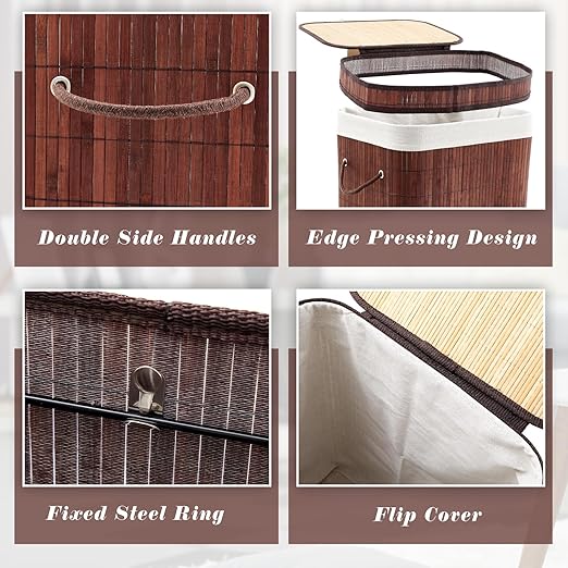 2 Pack 21 Gallon Bamboo Slim Trash Can with Lid Large Foldable Slim Rectangular Garbage Can Bamboo Waste Basket for Bathroom Bedroom Office Home Salon Spa (Brown)
