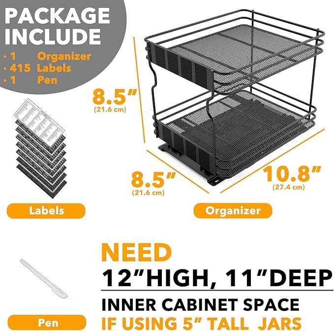 SpaceAid Pull Out Spice Rack Organizer for Cabinet, Heavy Duty Slide Out Seasoning Kitchen Organizer, Cabinet Organizer, with Labels, 8.5" W x10.75 D x8.5 H, 1 Drawer 2-Tier - Image 6