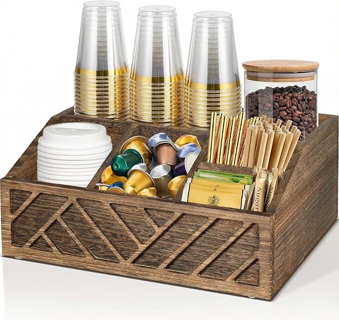 ugiftt Coffee Station Organizer for Counter, Wood Pods Holder Storage Basket, Tea Condiment Storage Organizer, Rustic Coffee Bar Decor for Accessories Organizer by ugiftt